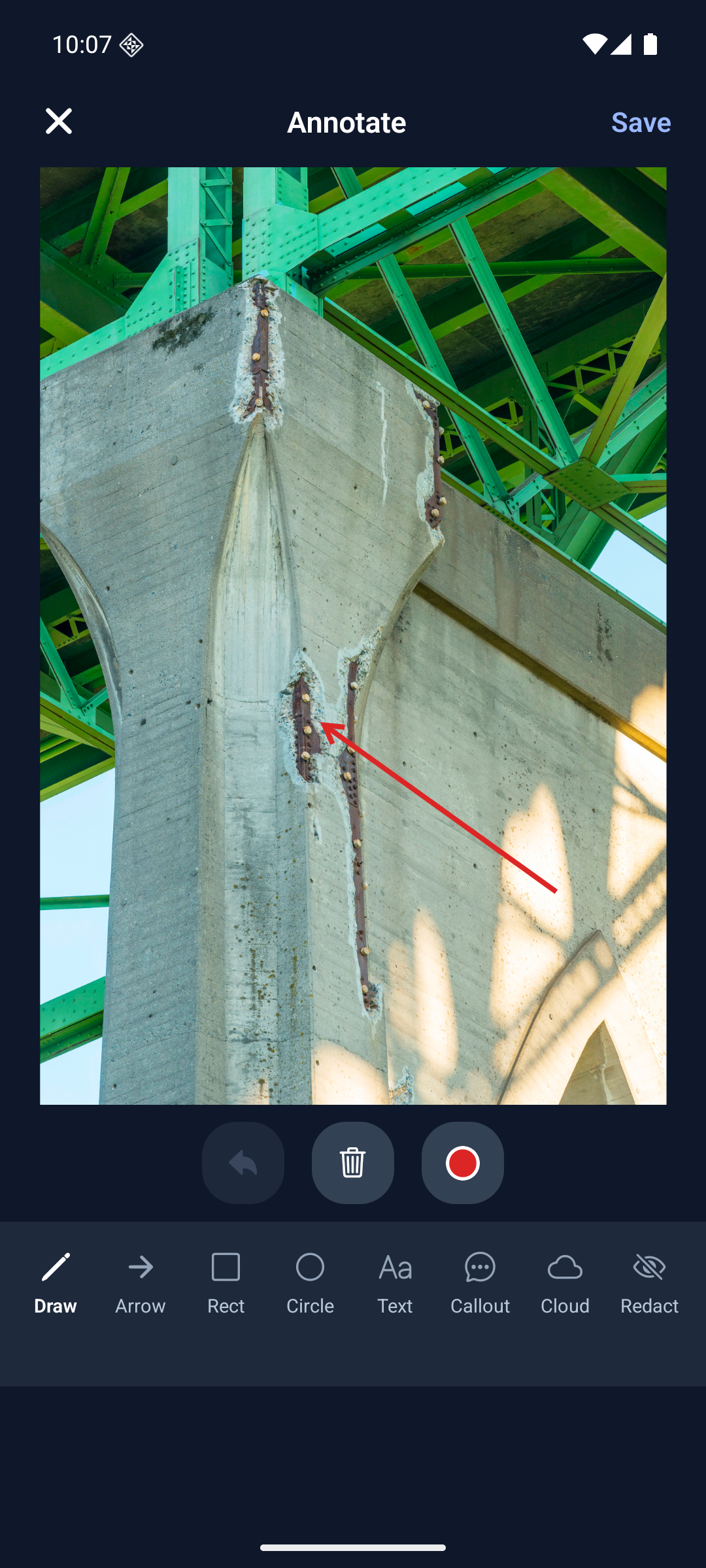 Actual Android annotation editor with an arrow marking the concrete pier edge