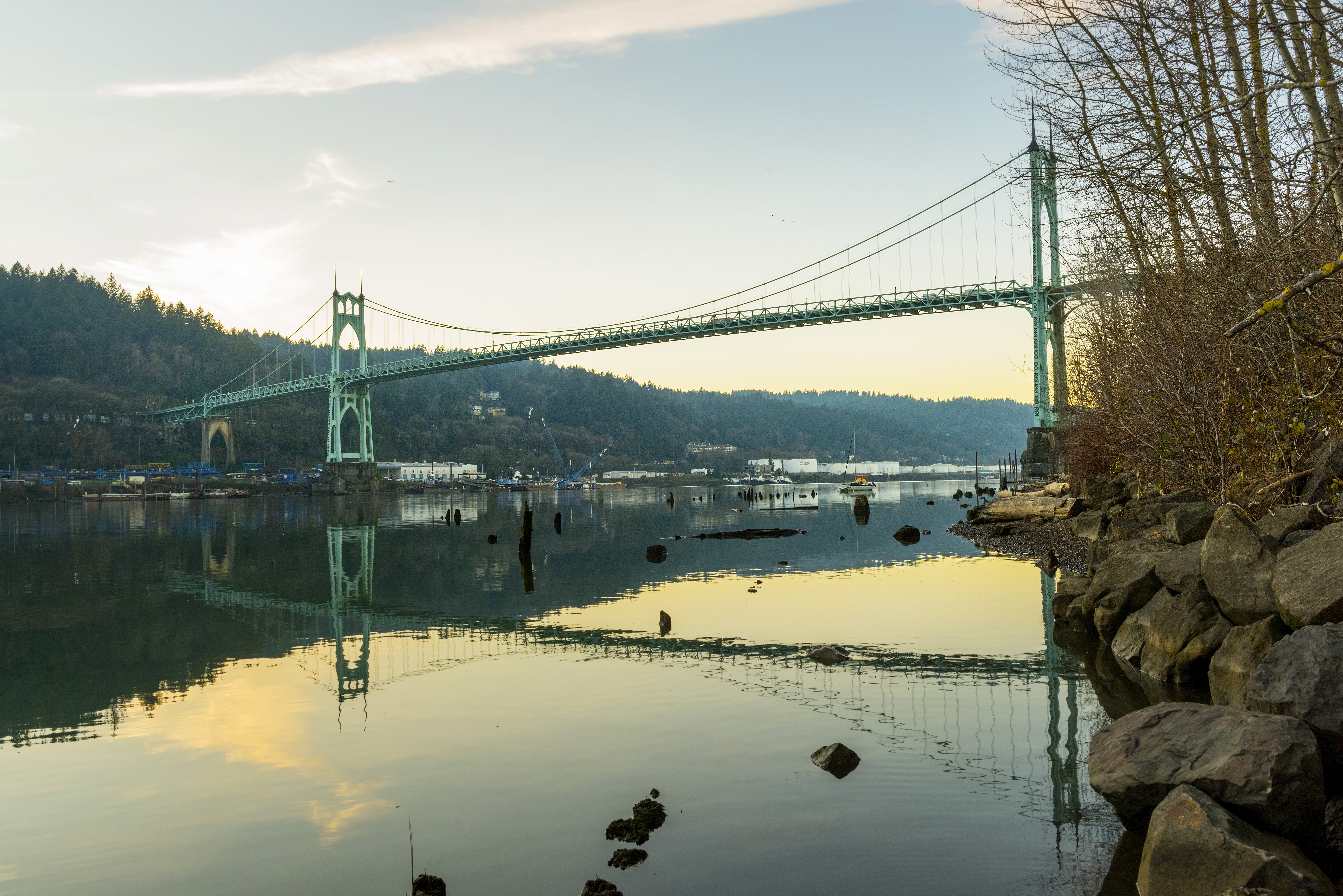 Historical photograph of St. Johns Bridge over the river, the site used throughout the demonstration